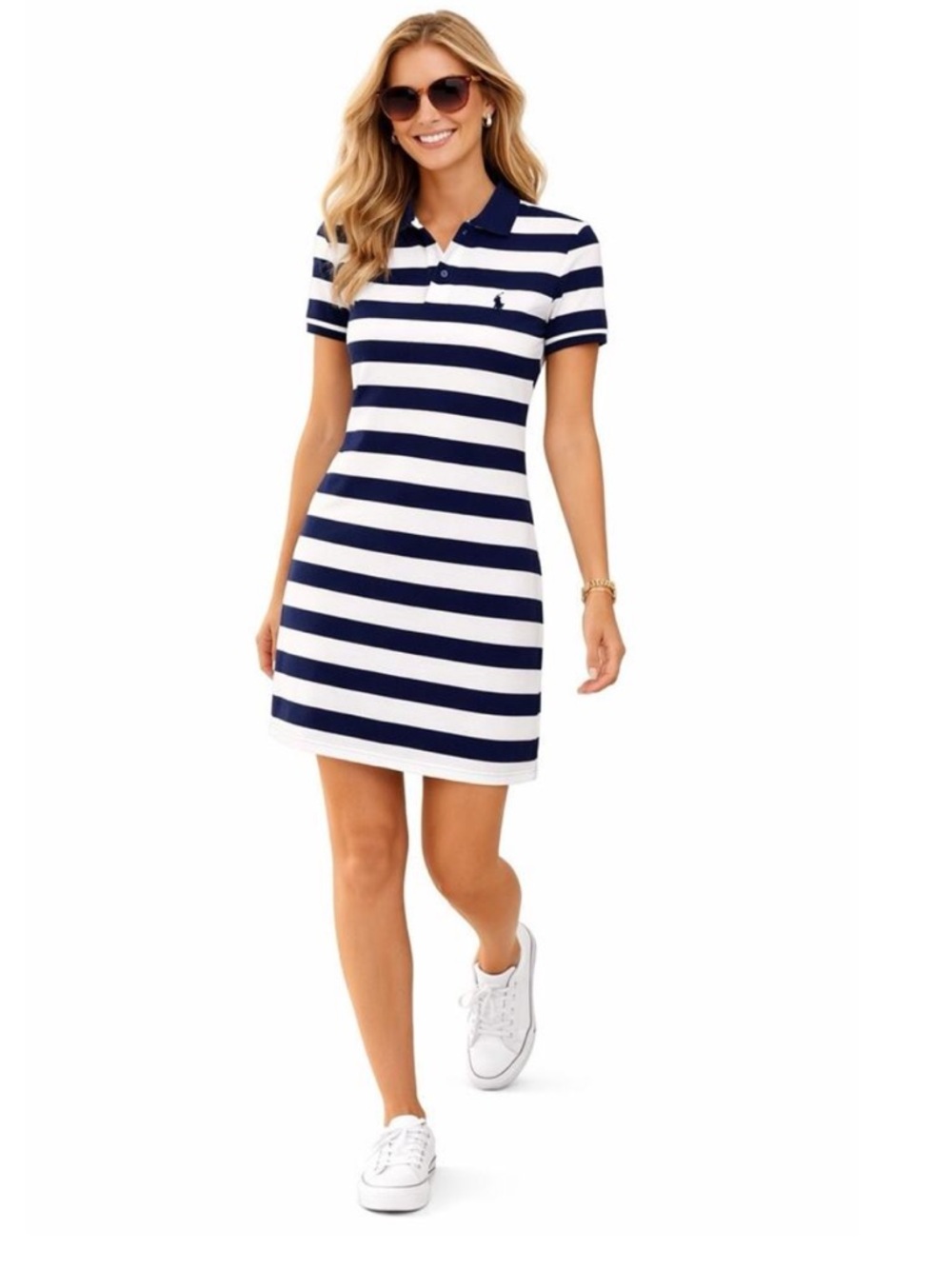 Polo Ralph Lauren The Mesh Mini Dress Medium White Navy Stripe Pony Logo Preppy